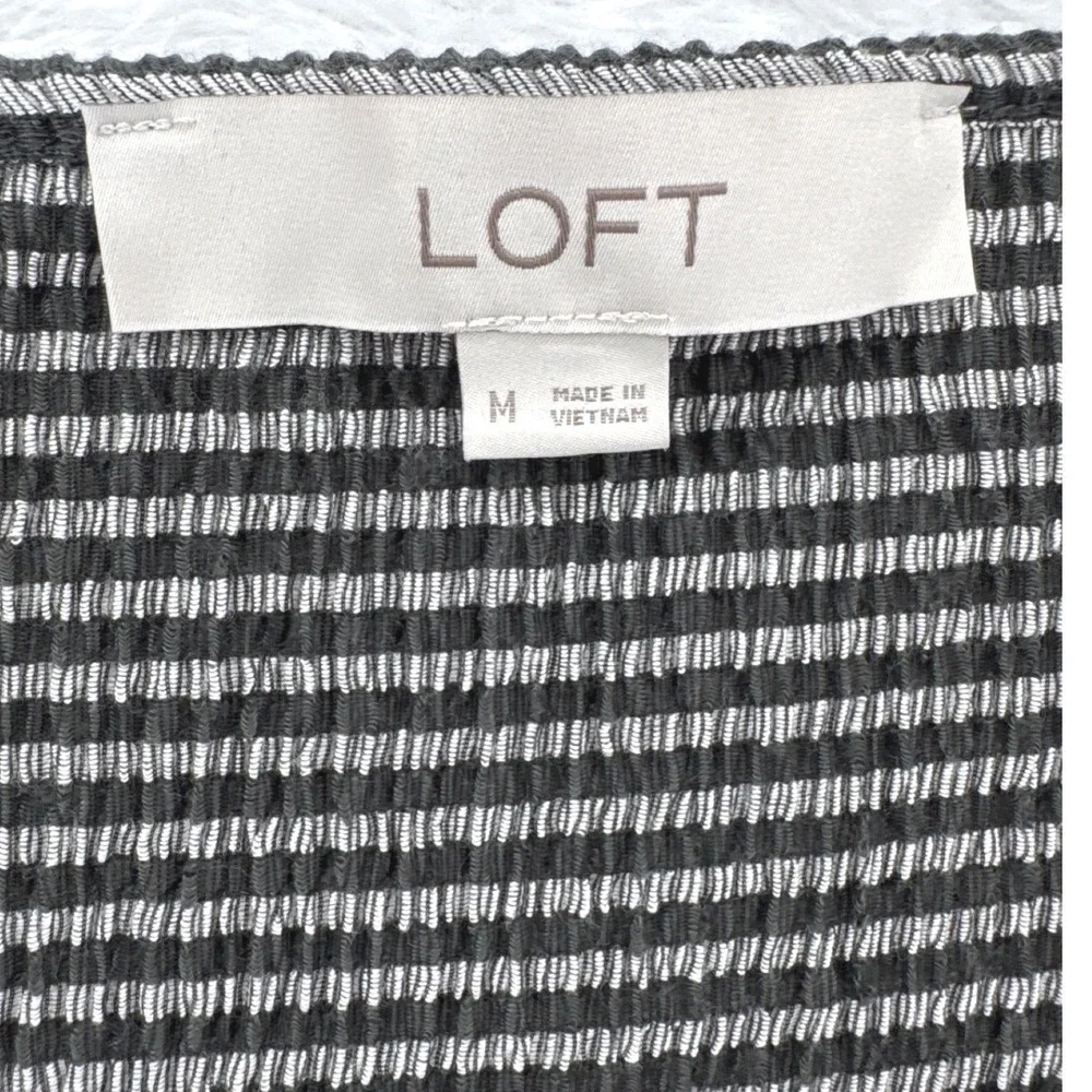 LOFT Womens Puff Sleeve Top Medium Black White Striped Ribbed Knit